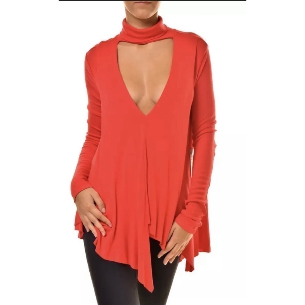 Free People Womens Sz S Red Choker Collar Turtleneck Swing Tunic Top Blouse